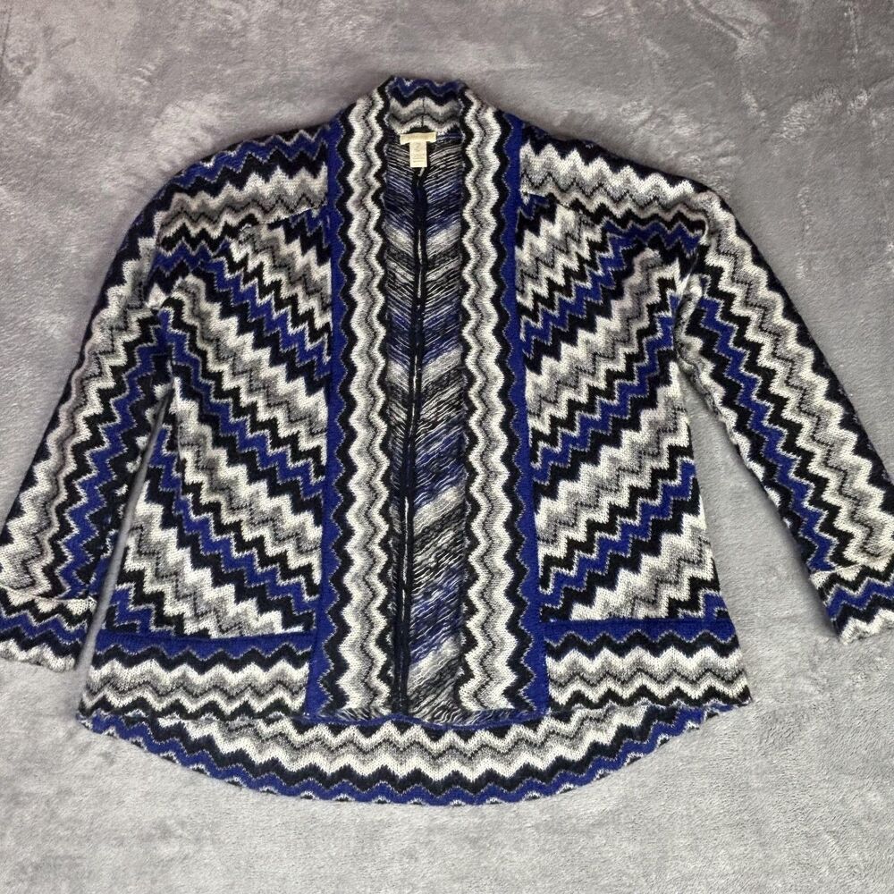 Chico's Cardigan Sweater Womens 2 Blue Black Gray Chevron Open Knit‎ Long Sleeve